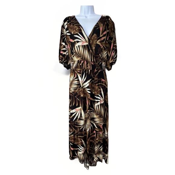 Old Navy Tropical Palm Leaf Maxi Dress XL Black Brown Waist Defined Tropical - Picture 1 of 15